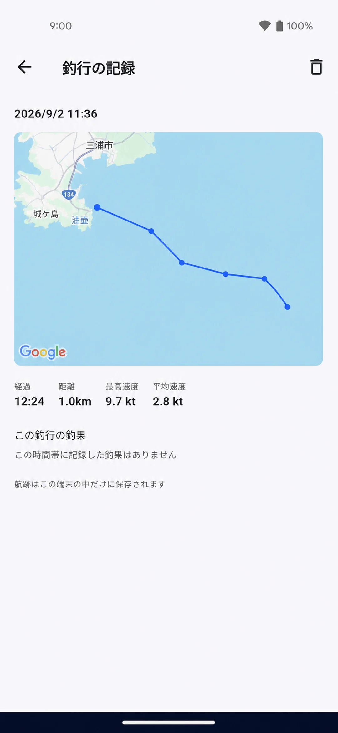 三浦半島沖の海上に航跡を表示し、経過時間・距離・最高速度・平均速度をまとめた釣行ログの画面例