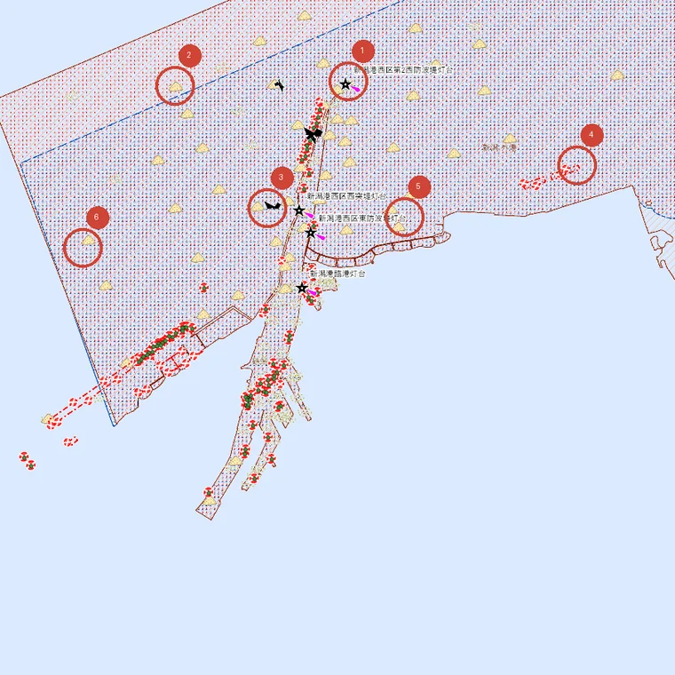 新潟港西区で海のマップを重ねた実際の表示に、6か所の番号を振った図