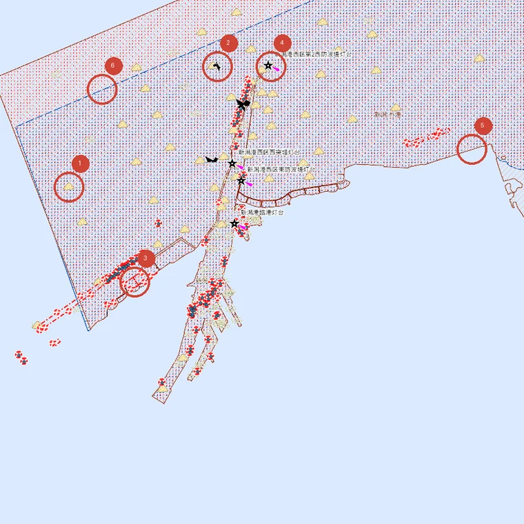 新潟港西区で海のマップを重ねた実際の表示に、6か所の番号を振った図