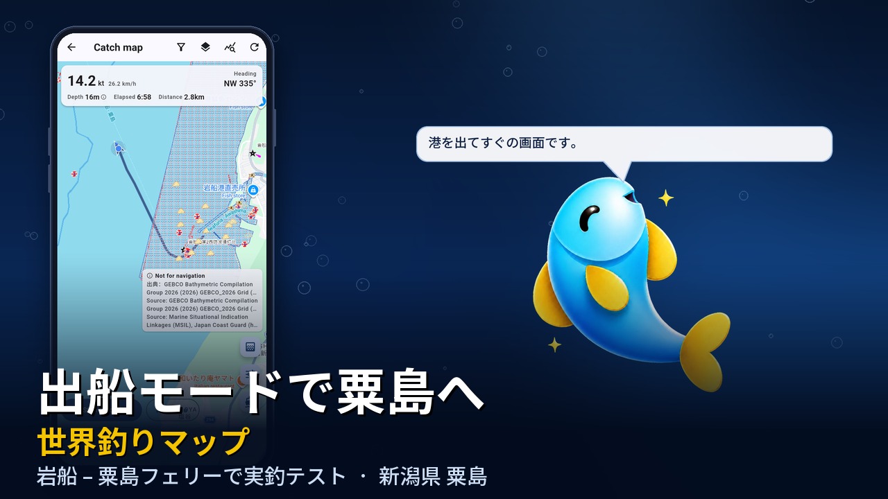 粟島の実地テスト動画（日本語版）のカバー画像。見出しは「出船モードで粟島へ」。左にスマートフォンで表示した出船モードの画面（14.2ノット・進行方向・水深・経過時間・距離と地図上の航跡）、右にアプリのマスコットと吹き出し