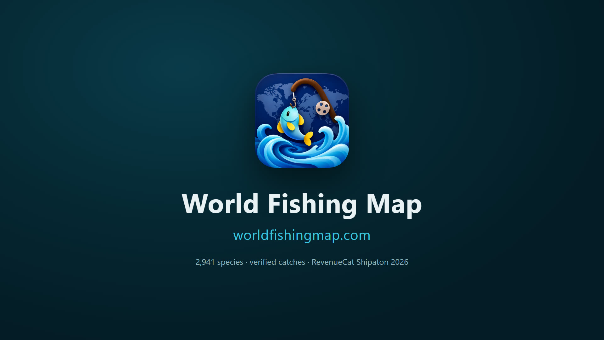 世界釣りマップのデモ動画のカバー画像。アプリアイコンとworldfishingmap.comのロゴタイプ