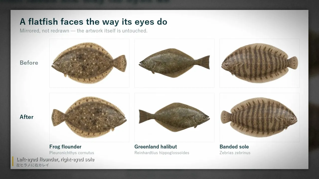 動画の場面。「A flatfish faces the way its eyes do」の見出しの下に、ヒラメ・カレイ3種の Before（向きが逆）と After（正しい向き）のイラストを上下に並べた比較