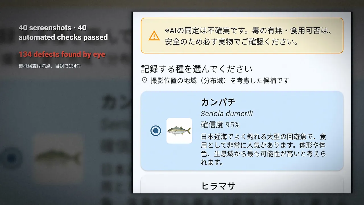 動画の場面。「40 screenshots · 40 automated checks passed」「134 defects found by eye」の見出しと、AI 同定の注意書き（毒の有無・食用可否は必ず実物で確認）と候補種のカードを切り出した店頭画像