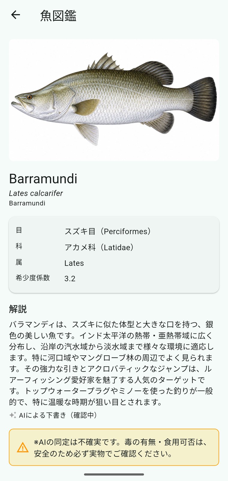アプリの魚図鑑でバラマンディ（Barramundi）を表示している画面