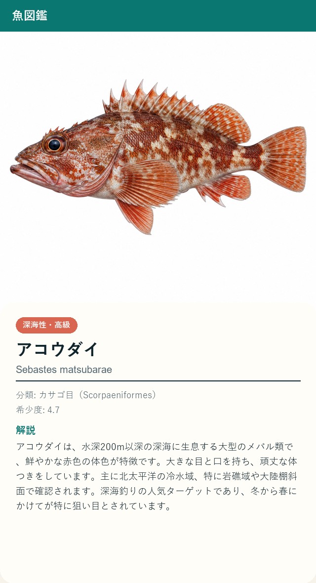 アプリの魚図鑑（日本語表示）でアコウダイを表示している画面
