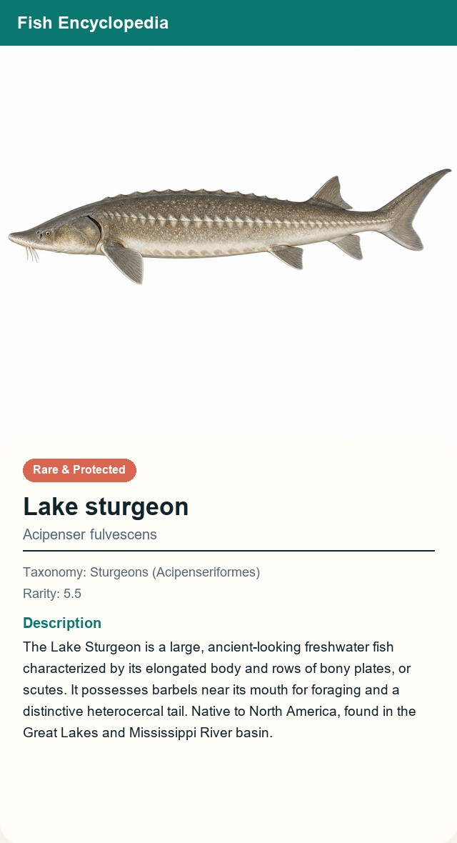 アプリの魚図鑑（英語表示）でレイクスタージョン（Lake sturgeon）を表示している画面