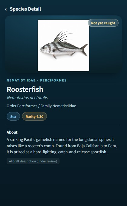 アプリの魚図鑑（英語表示）でルースターフィッシュ（Roosterfish）を表示している画面
