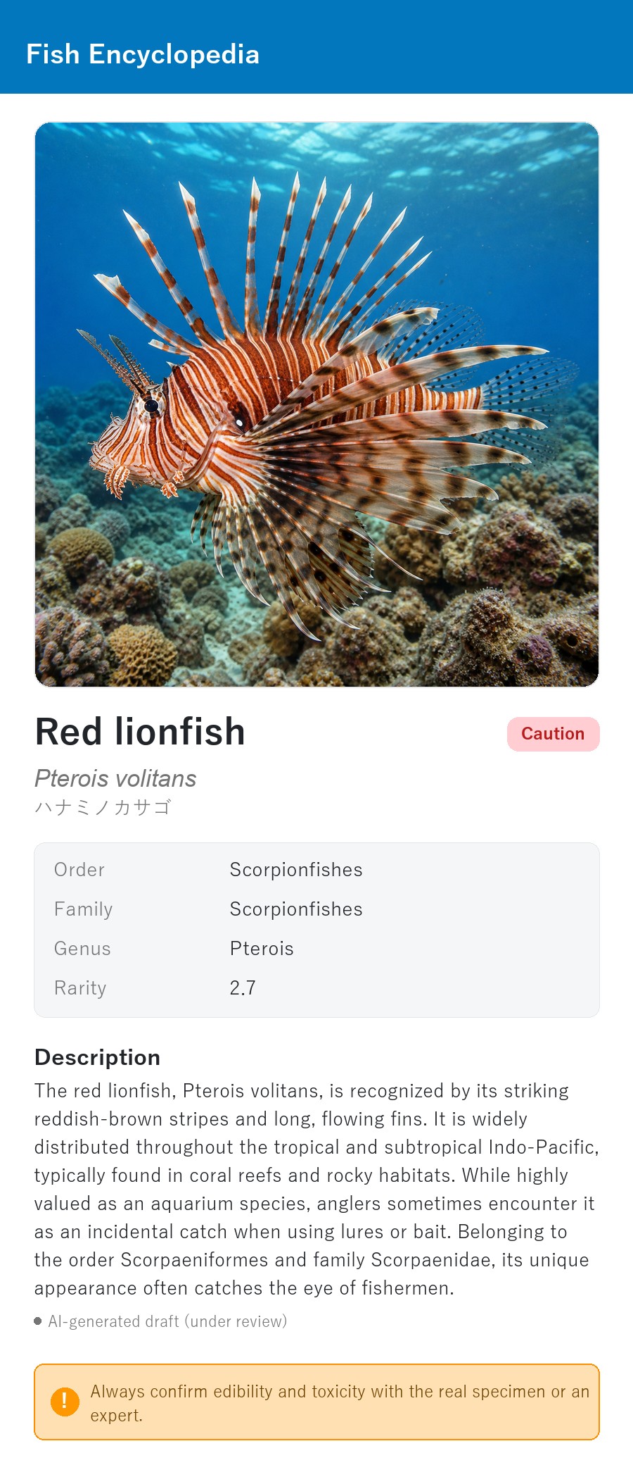 アプリの魚図鑑（英語表示）でRed lionfishの生息イメージのイラストを表示している画面