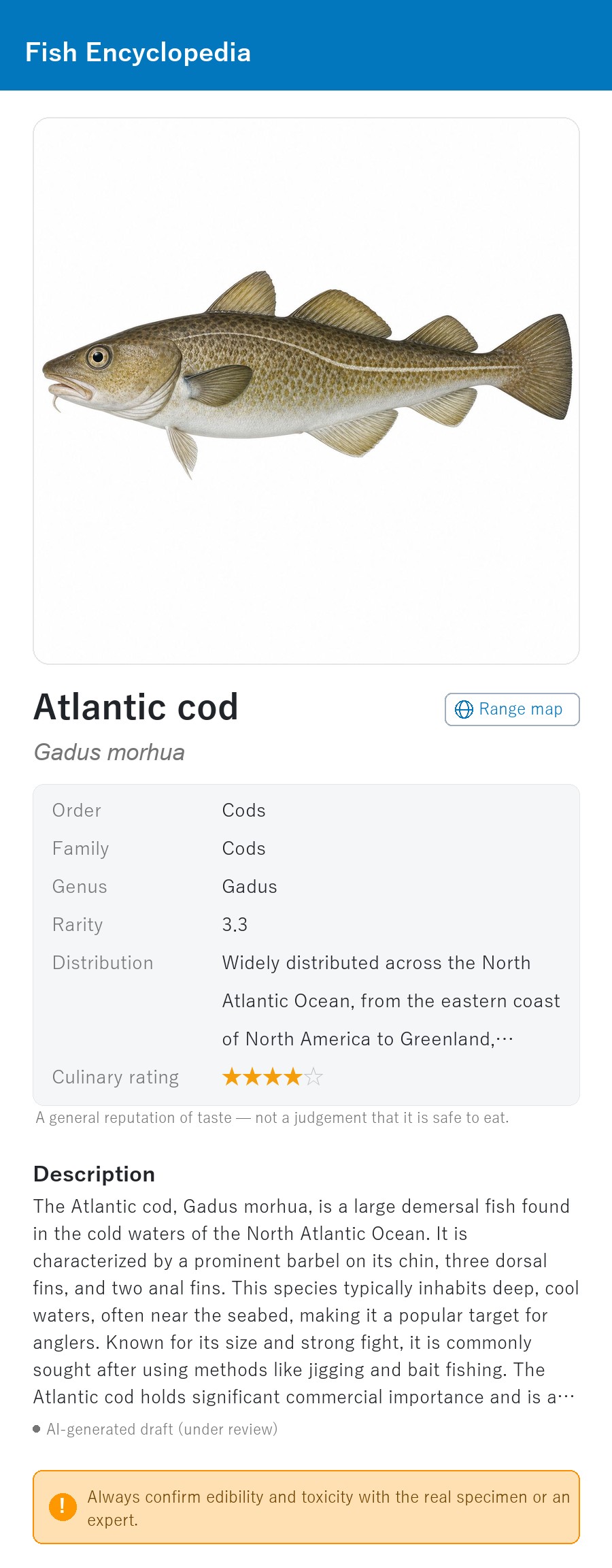The app fish encyclopedia (English display) showing distribution and culinary rating for Atlantic cod