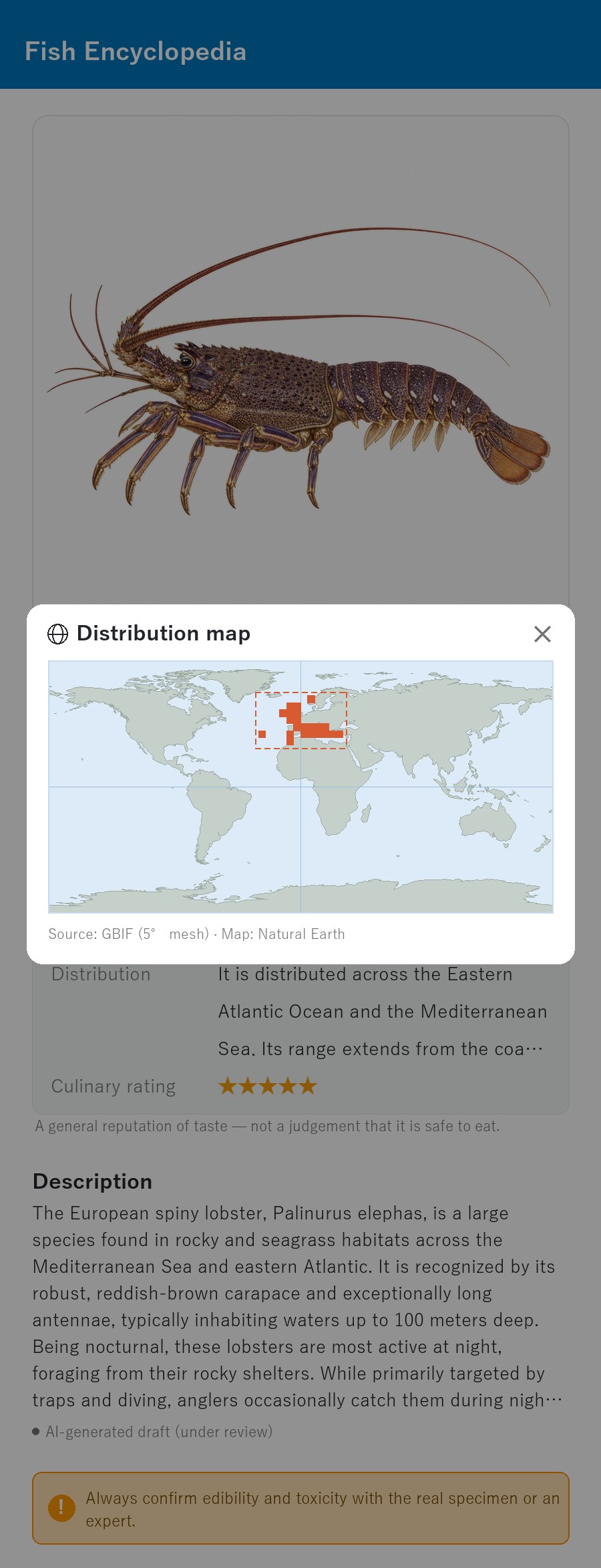 The app fish encyclopedia (English display) showing the range map for the European spiny lobster