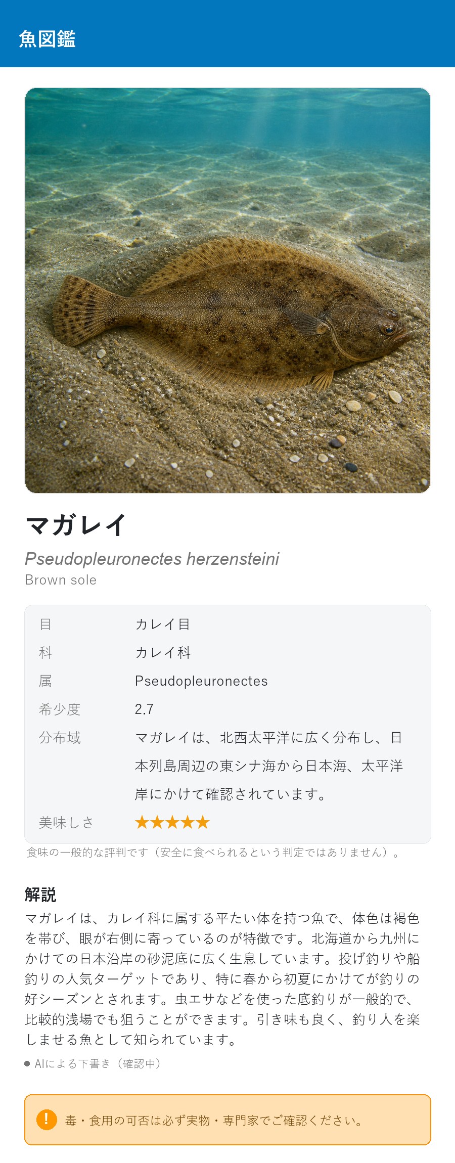 アプリの魚図鑑（日本語表示）でマガレイの生息イメージ版イラストを表示している画面