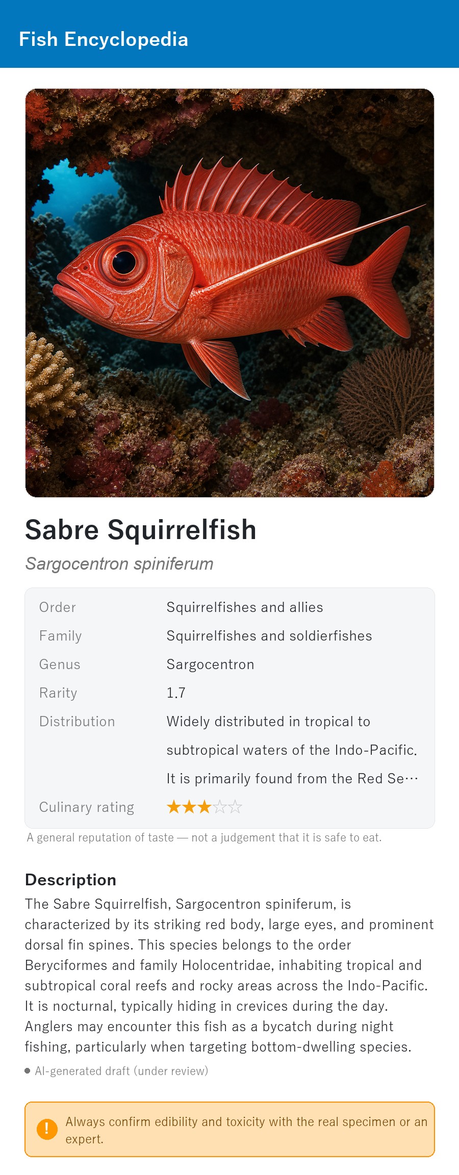 アプリの魚図鑑（英語表示）でイットウダイの仲間の生息イメージ版イラストを表示している画面
