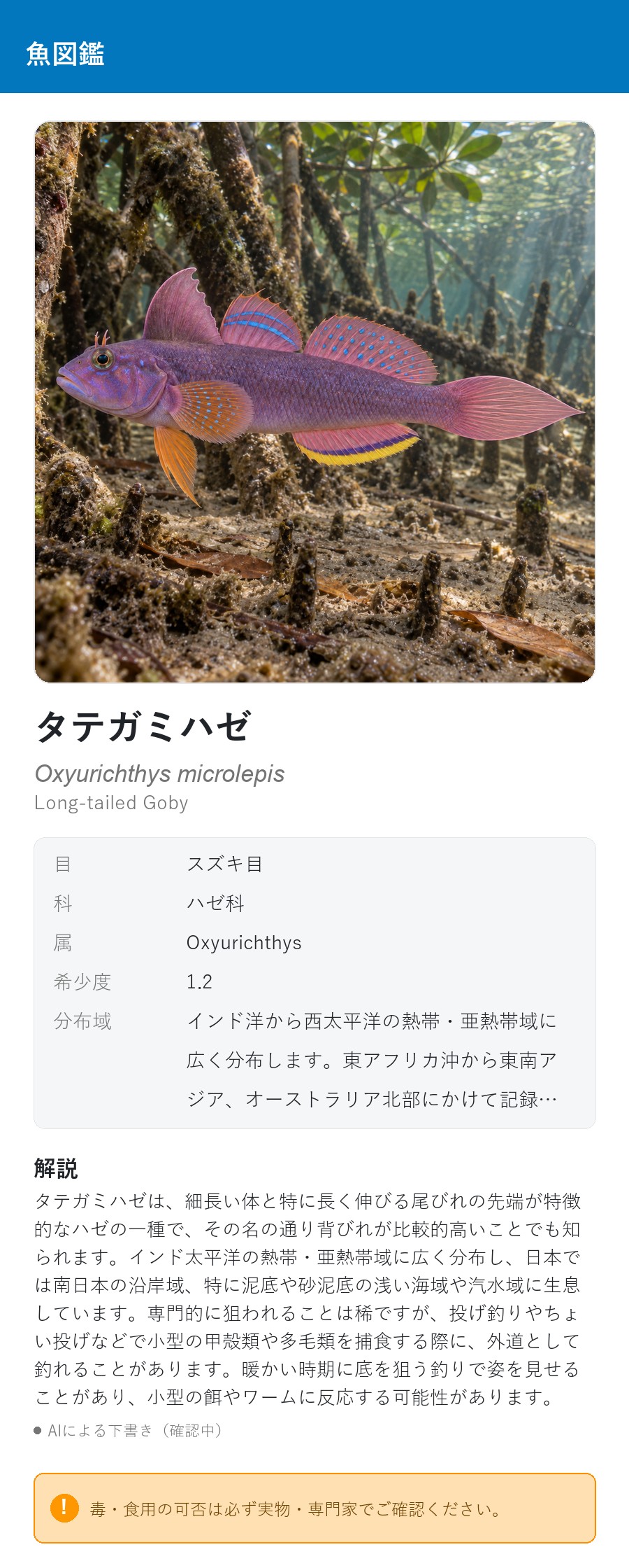 アプリの魚図鑑（日本語表示）でタテガミハゼの生息イメージ版イラストを表示している画面