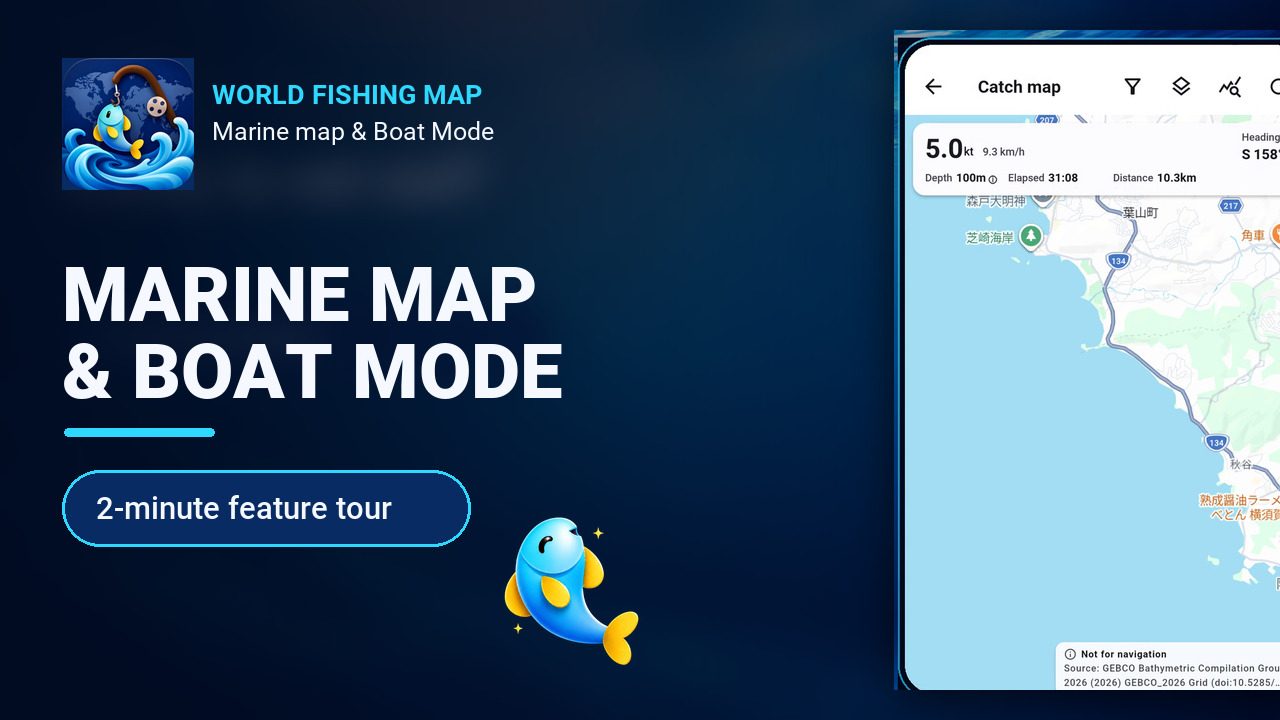 紹介動画のカバー画像。左に「MARINE MAP & BOAT MODE」の見出しとアプリのアイコン、マスコット、右に出船モードの計器（速度・進行方向・経過時間・距離・水深）を表示したスマートフォンの画面