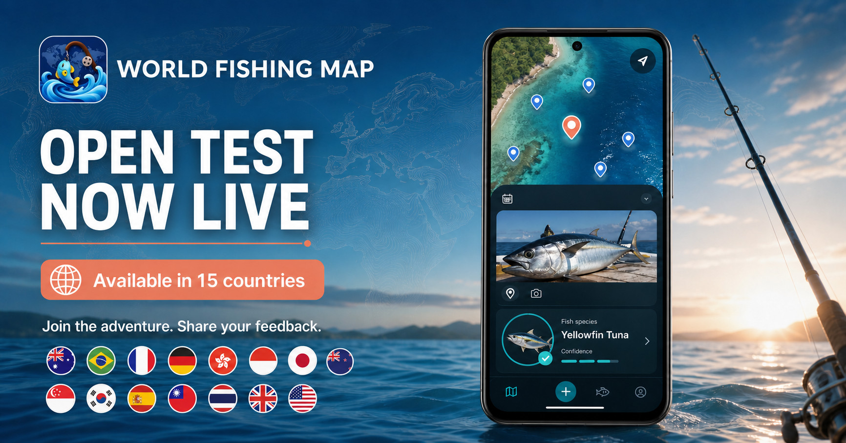世界釣りマップのオープンテスト開始を案内する広告画像。アプリの画面イメージと対象15か国・地域の国旗を掲載