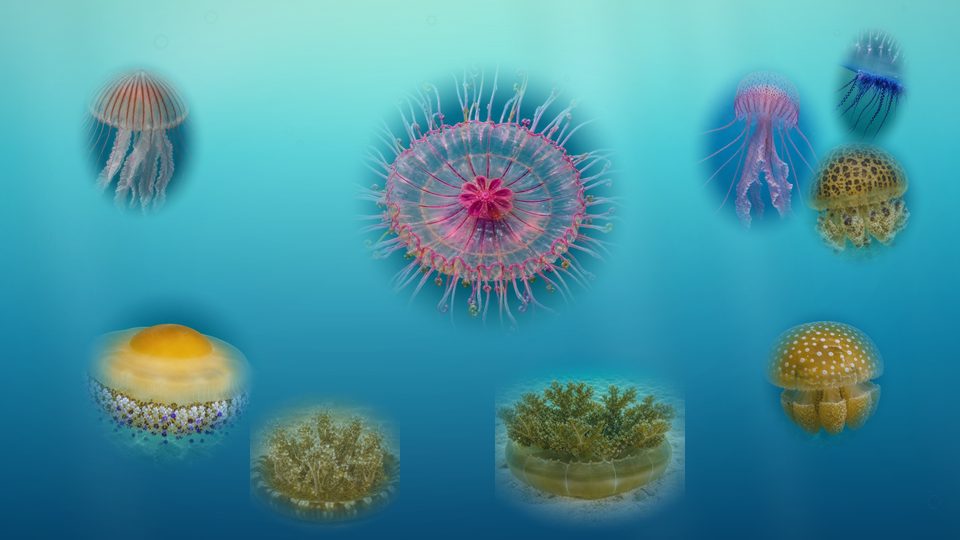 浅瀬の光に染まるハナガサクラゲたちの壁紙